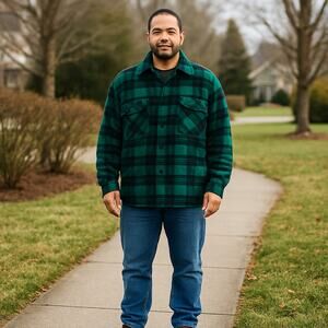 The Men’s Store at Sears Vintage Quilted Shacket Sz Lrg Green/Black Plaid